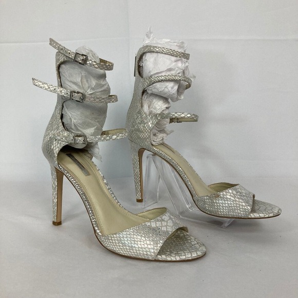 BCBG Sandals Womens Sz 10 Silver Gray Snake Print Stiletto Buckles Ankle Straps - Picture 2 of 9
